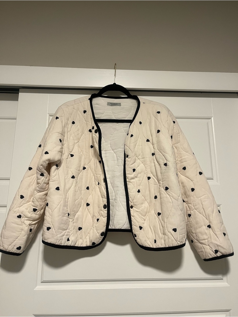 Cream Quilted Teddy Jacket with Black Heart Print